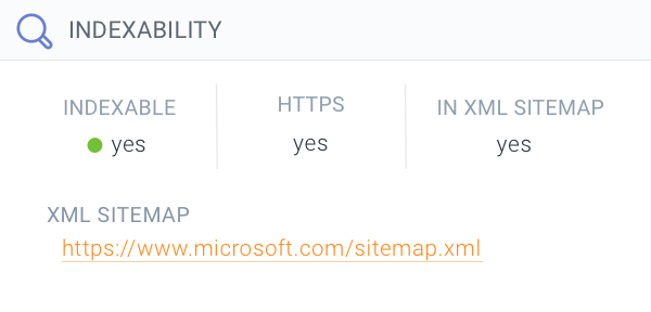 Indexability section on Page detail in ContentKing showing the XML sitemap in which the page is included