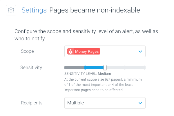 Modal for editing an alert definition in ContentKing showing how many pages need to be affected for the alert to open