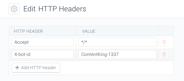 Modal for setting HTTP headers in the Monitoring section of Website Settings in ContentKing