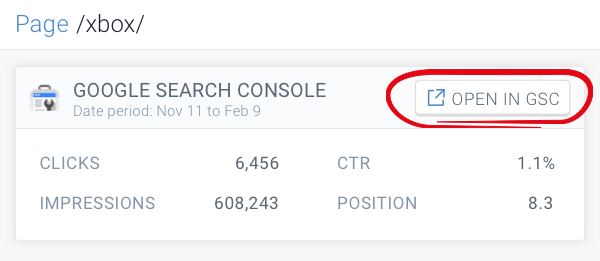 Google Search Console section on a page detail in ContentKing with a new button to open the page in Search Console