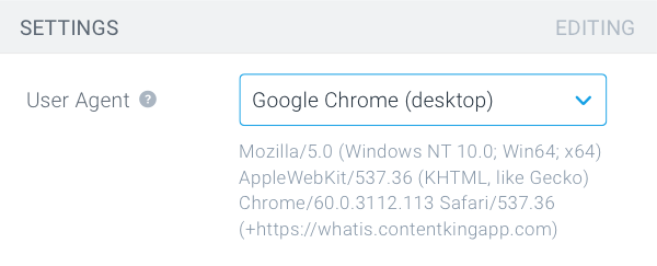 User-agent string displayed below the selected user agent Google Chrome (desktop) in ContentKing