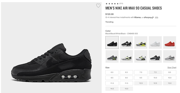 Screenshot showing sneakers with product variants