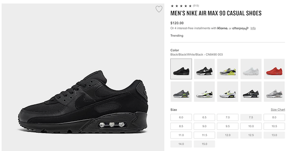 Screenshot showing sneakers with product variants Screenshot showing sneakers with product variants
