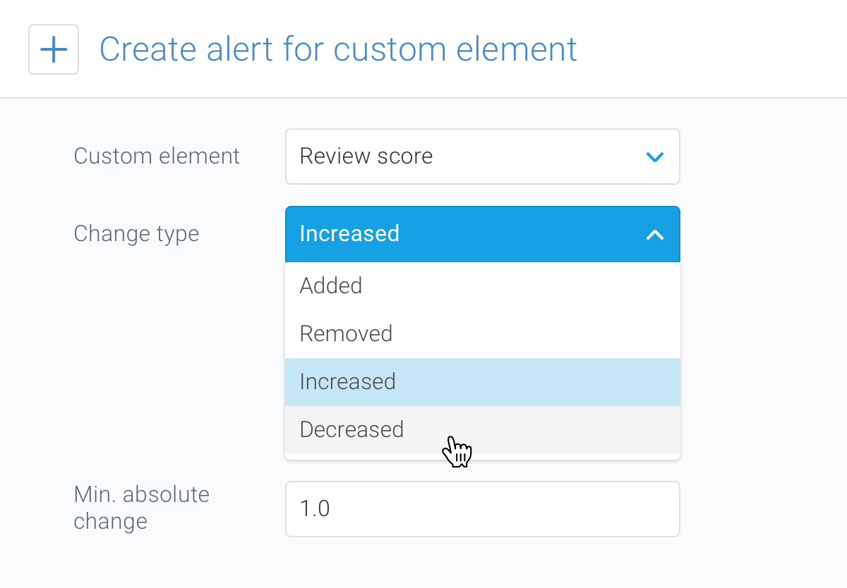 Modal for setting up alert for custom elements in ContentKing Setting up an alert for a custom element in ContentKing consists of choosing a custom element you want to be alerted about and how the custom element needs to change for the alert to trigger