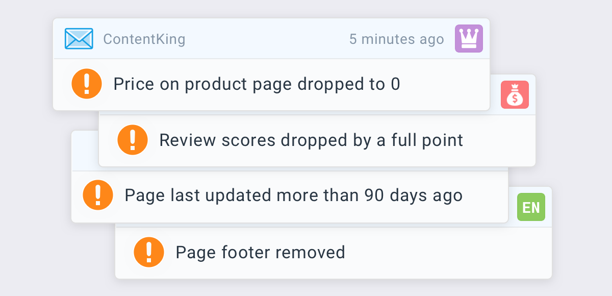 Examples of ContentKing Alerts on Custom Elements Examples of alerts that are triggered when custom elements on pages that ContentKing monitors change, e.g. when price on product page drops to 0 or reviews scores drop by a full point