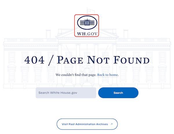 Screenshot of White House website's 404 page