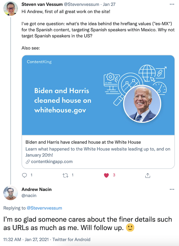 Screenshot of Twitter conversation follow up with White House web team