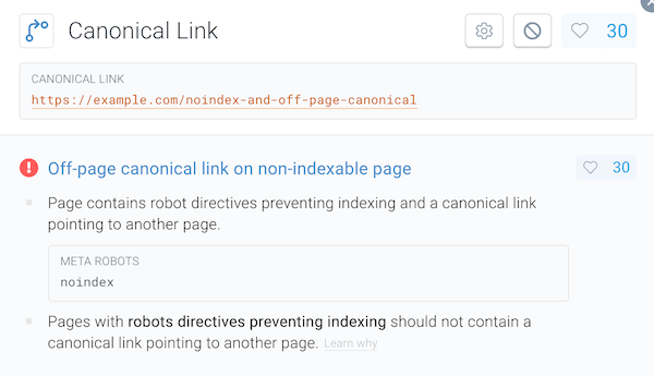 Issue in ContentKing for off-page canonical combined with noindex directive