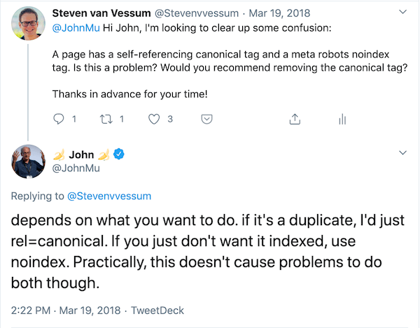 John Mueller confirms in tweet that self-referencing canonical and noindex are not an issue