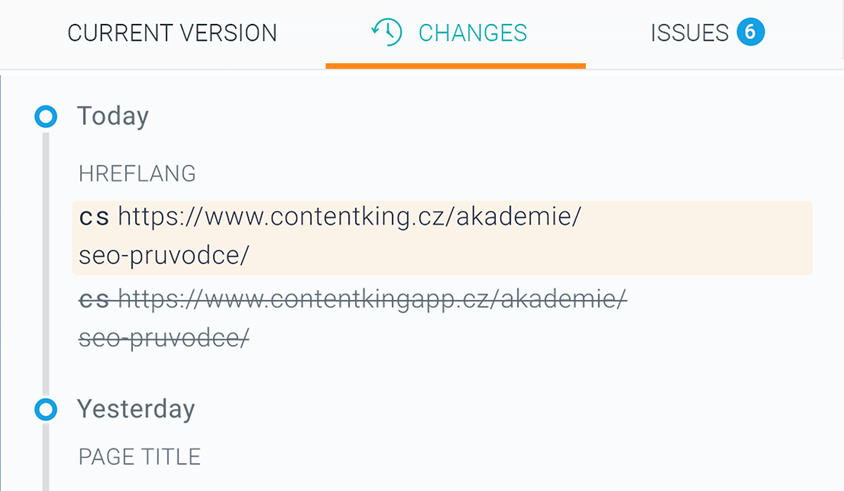 ContentKing Chrome extension showing the hreflang change of a page