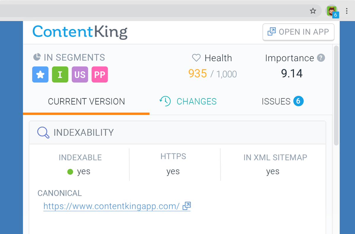 Screenshot of the ContentKing Chrome extension