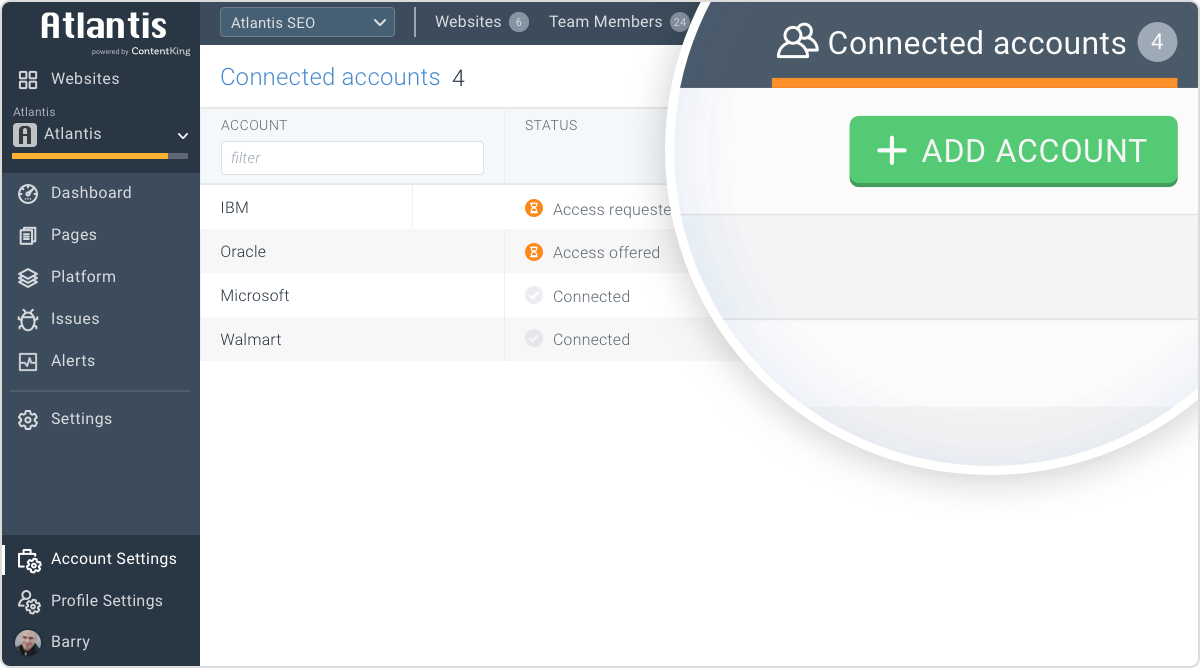 Button for adding an account on the Connected Accounts overview in ContentKing Button for adding and connecting to a new ContentKing account from an existing ContentKing account on the Connected Accounts overview