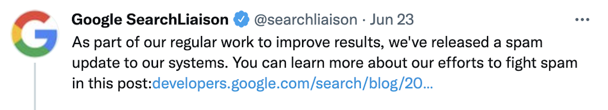 Screenshot of Google's Spam update announcement via Twitter