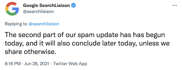 Screenshot of Google's Spam update announcement via Twitter