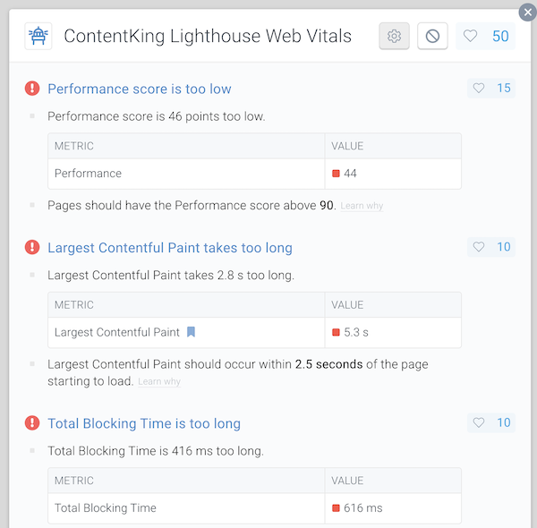 Screenshot of ContentKing page detail screen showing lighthouse improvements Screenshot of ContentKing page detail screen showing lighthouse improvements