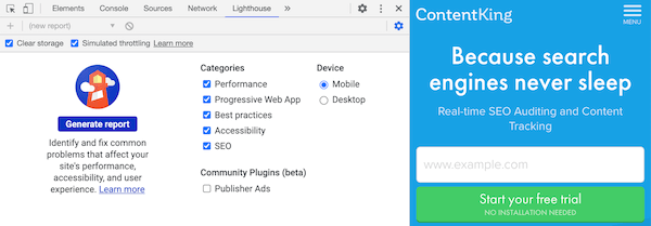 Screenshot of open Chrome DevTools showing Lighthouse Screenshot of open Chrome DevTools showing Lighthouse