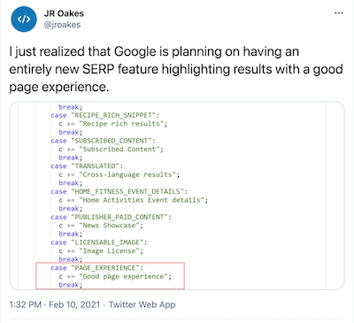 Screenshot of tweet about Page Experience badge