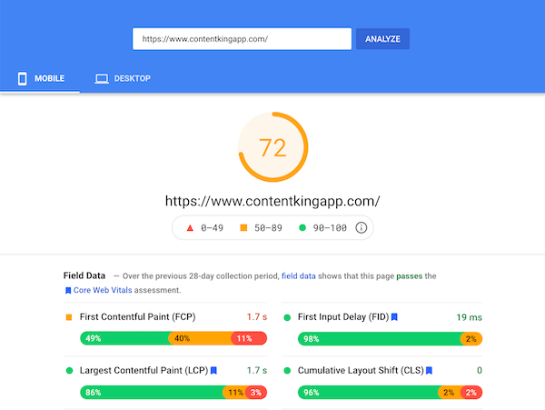 Screenshot of PageSpeed Insights showing field data Screenshot of PageSpeed Insights showing field data