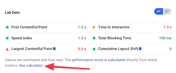 Screenshot of PageSpeed Insights showing the link to the calculator Screenshot of PageSpeed Insights showing the link to the calculator