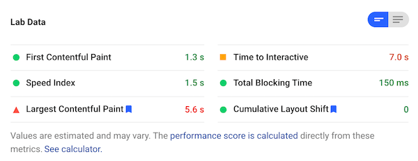 Screenshot of PageSpeed Insights showing lab data Screenshot of PageSpeed Insights showing lab data