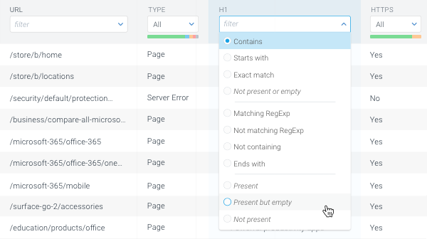 Expanded filter on H1 heading on Pages screen with various filter operators available