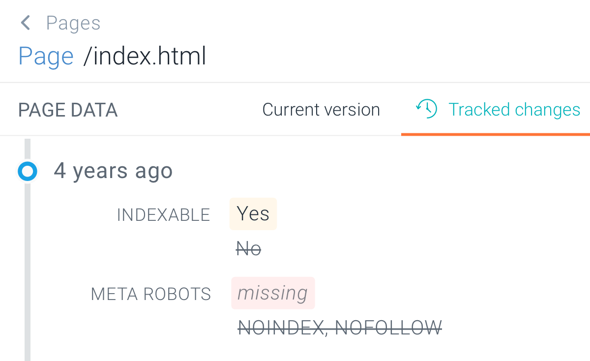 Tracked Changes tab of Page detail in ContentKing showing a change from 4 years ago