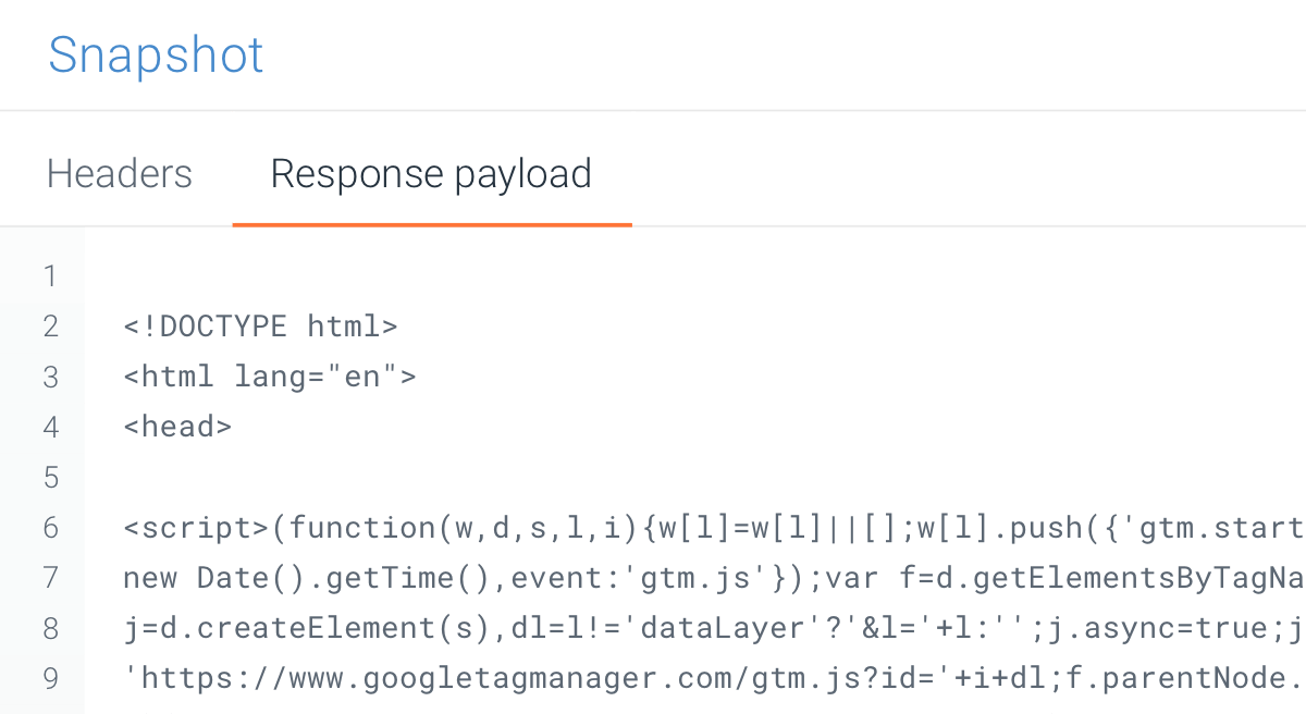 Snapshot viewer showing the full response payload for a request ContentKing made when crawling a page
