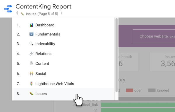 ContentKing report in Data Studio divided into 8 pages.