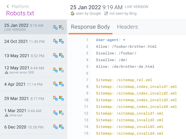 Robots.txt in ContentKing with change tracking and option for a comparison between robots.txt versions.