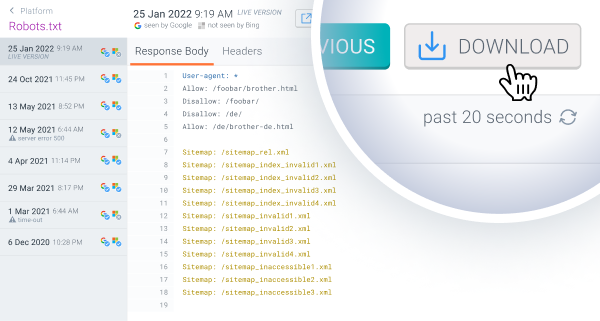 Robots.txt in ContentKing showing download button for robots.txt files.