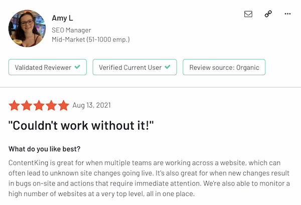 Mid-market user review of ContentKing on G2