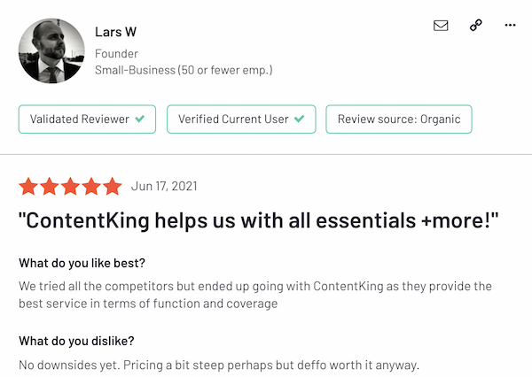 Small business user review of ContentKing on G2