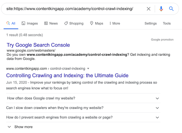 Ricerca di una pagina utilizzando una query del sito