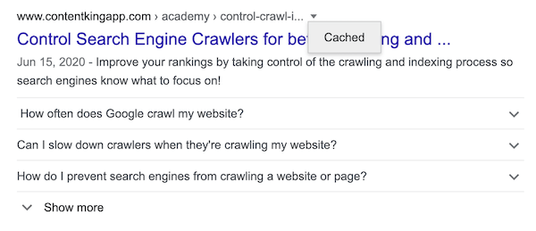 Button for URL’s cache in Google search