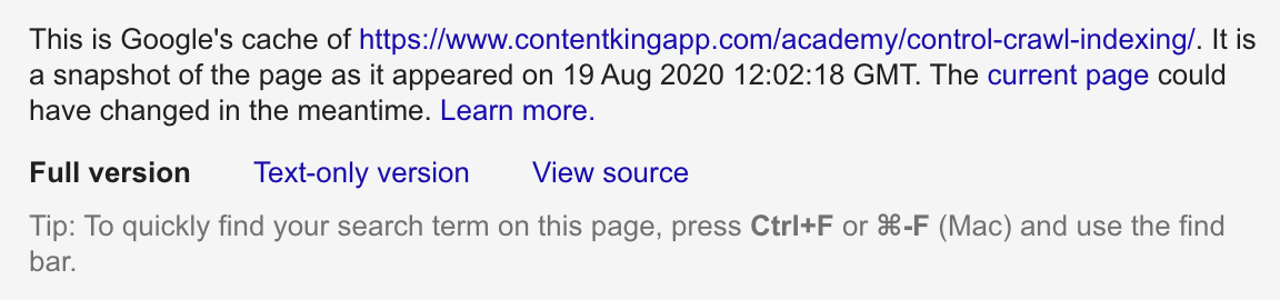 URL cache details for one of ContentKing’s articles