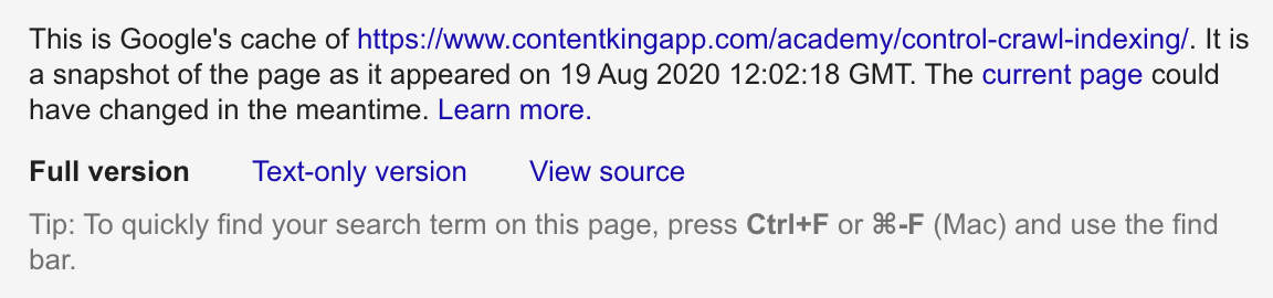 Dettagli della cache dell'URL per uno degli articoli di ContentKing