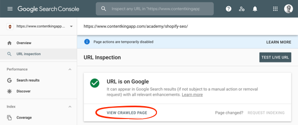 Screenshot of the URL Inspection tool showing the View Crawled Page feature Screenshot of the URL Inspection tool showing the View Crawled Page feature