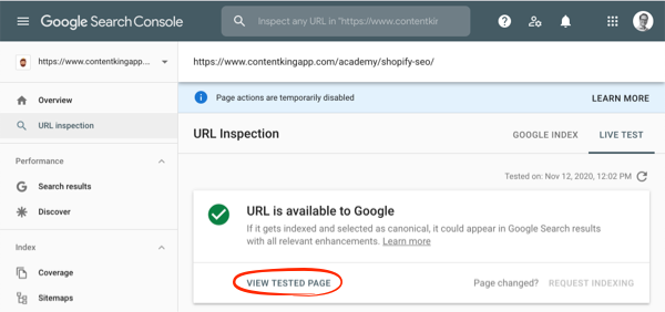 Screenshot of the URL Inspection tool showing the View Tested Page feature