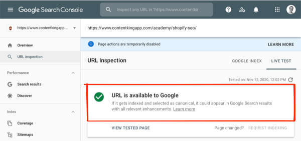 Screenshot of the Presence on Google section of the URL Inspection tool