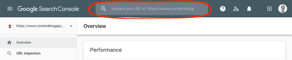 Screenshot of where to find Google Search Console’s URL Inspection tool