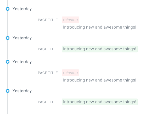 Tracked Changes on Page detail in ContentKing showing alternating versions of a page - one with a title and the other one without the title