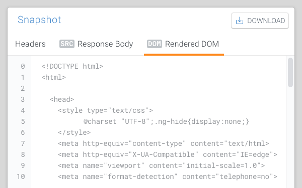 Snapshot viewer on Page detail in ContentKing showing the rendered DOM