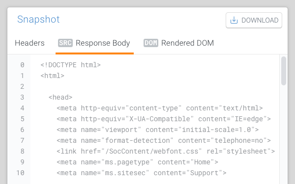 Snapshot viewer on Page detail in ContentKing showing the response body