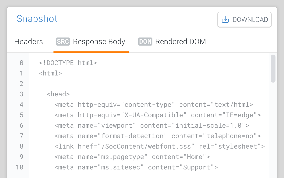 Snapshot of response body in ContentKing Snapshot viewer on Page detail in ContentKing showing the response body