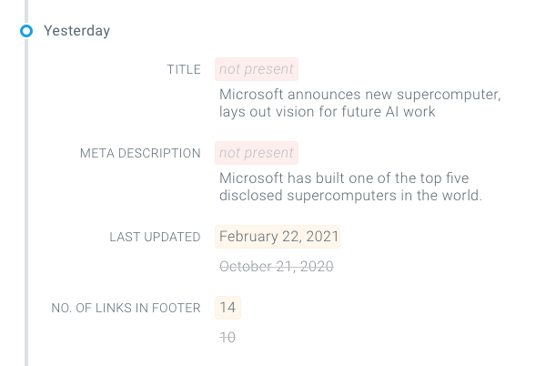 Tracked Changes in ContentKing showing that a title and meta description of a page were removed, the last updated property was changed, and the number of links in the footer decreased