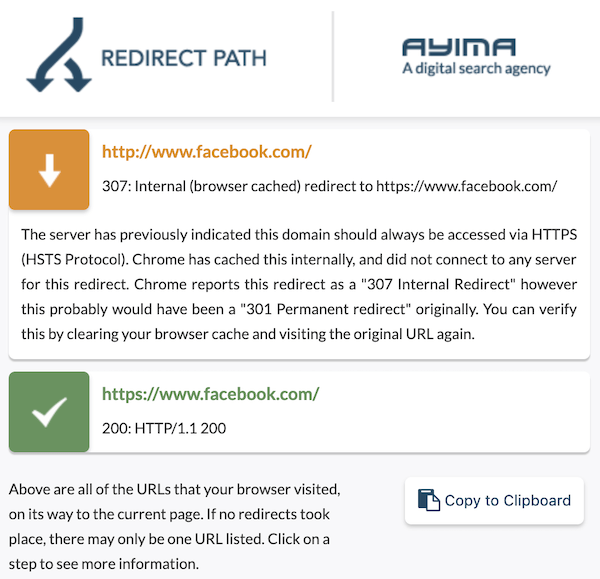 Screenshot of Ayima redirect Path showing the 307 internal redirect response code