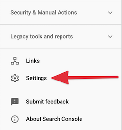 Screenshot of Settings option in Google Search Console