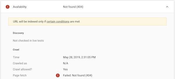 Screenshot of Google Search Console showing that fetching a URL has failed. Screenshot of Google Search Console showing that fetching a URL has failed.