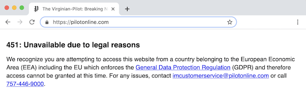 Screenshot of pilotonline.com incorrectly returning HTTP status code 451 Screenshot of pilotonline.com incorrectly returning HTTP status code 451