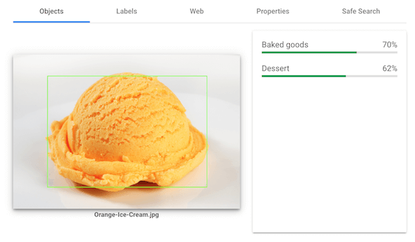 Google's Cloud Vision tool analyzing a bole of ice cream